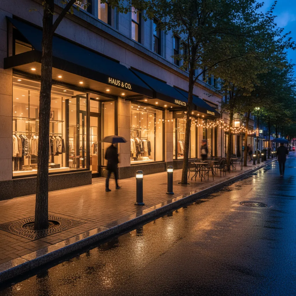 Professional commercial building exterior lighting at night