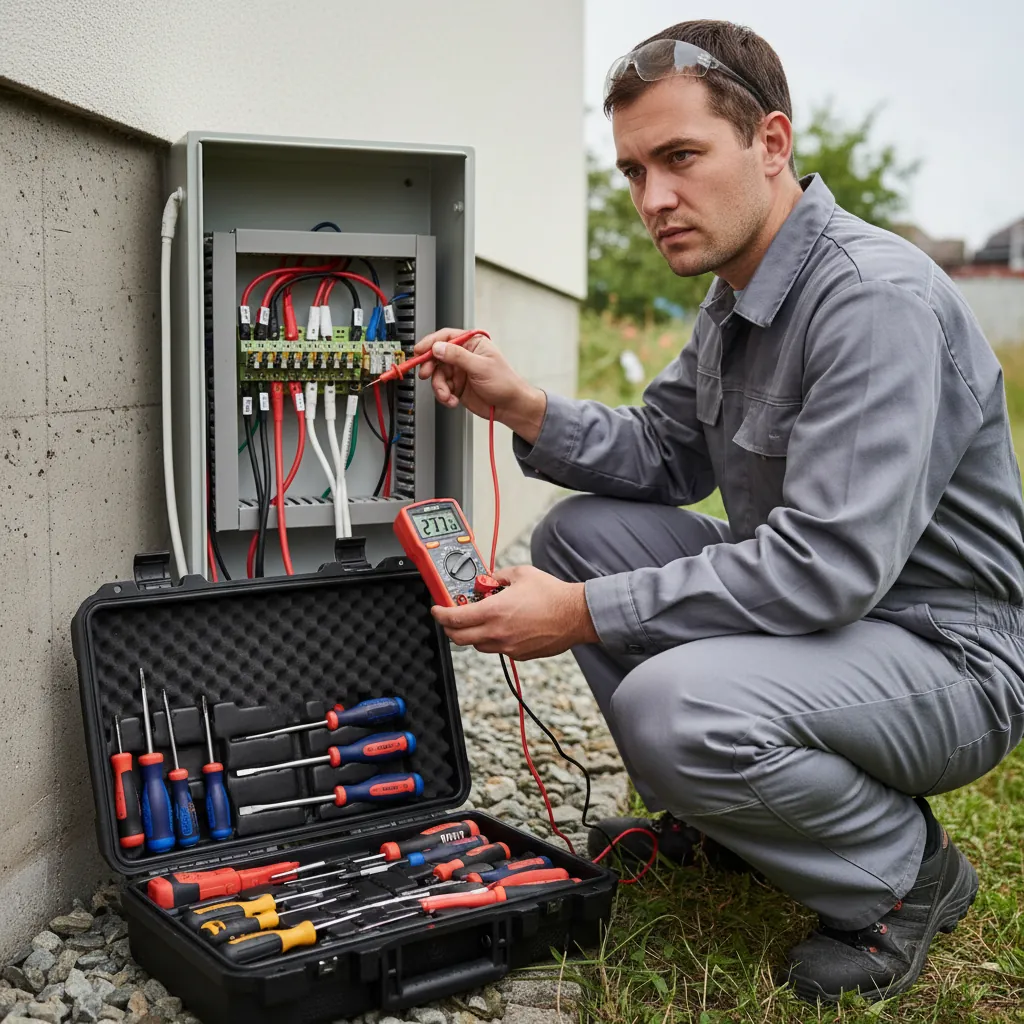 Professional lighting maintenance technician performing repairs